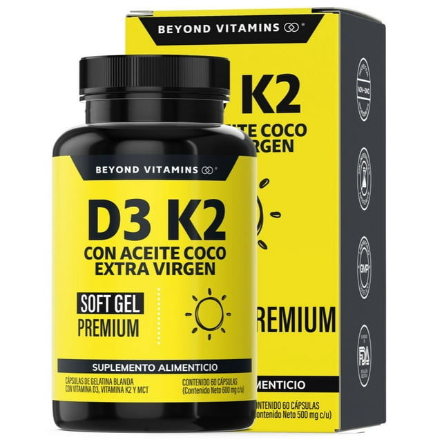 Vitamina D3 + Vitamina K2 con Aceite de Coco Extra Virgen | MCT (Trigliceridos) Aceite Coco Capsulas| Cápsula Blanda Premium - Vitaminas Mujer / Hombre - (60 Caps)