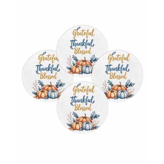 Fall Round Placemats Set of 4 Pumpkin Leaves Place Mats Thanksgiving Woven Placemat Grateful Thankful Blessed Circle Braided Table Mat for Kitchen Dining Table Autumn Party Home Decor 15 Inch