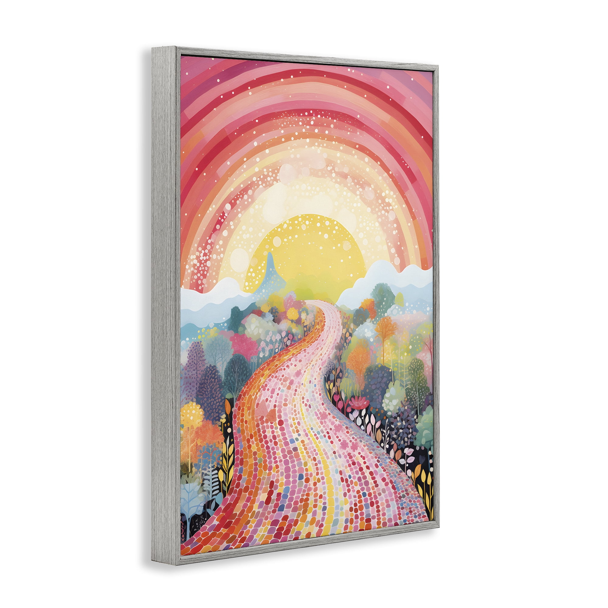 Stupell Industries Pink Brick Road Journey Landscape Painting Gray Framed Art Print Wall Art, 16 x 24