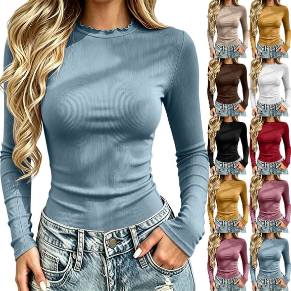 FchengtaiS Long Sleeve Shirts for Women Ribbed Slim Fitted Basic Tee Top Mock Neck Workout Stretchy Undershirts