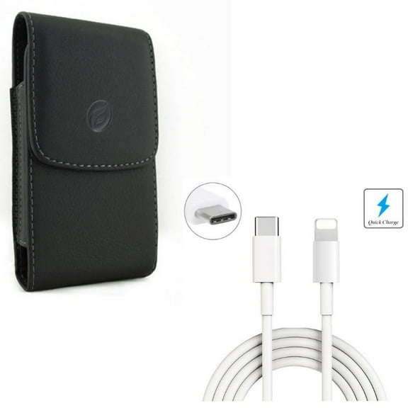 Case Belt Clip w USB Cable for iPhone 11 Pro - Leather Holster Cover Pouch Vertical, 6ft Type-C to iPhone Charger Power Cord for iPhone 11 Pro Models