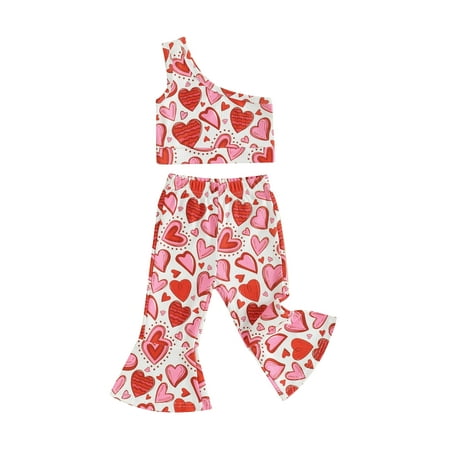 

Bslissey Toddler Baby Girls 2Pcs Summer Outfits Heart Print Sleeveless One Shoulder Tank Tops + Elastic Band Flared Pants 6M 12M 18M 24M 3T 4T Kids Causal Long Pants Sets