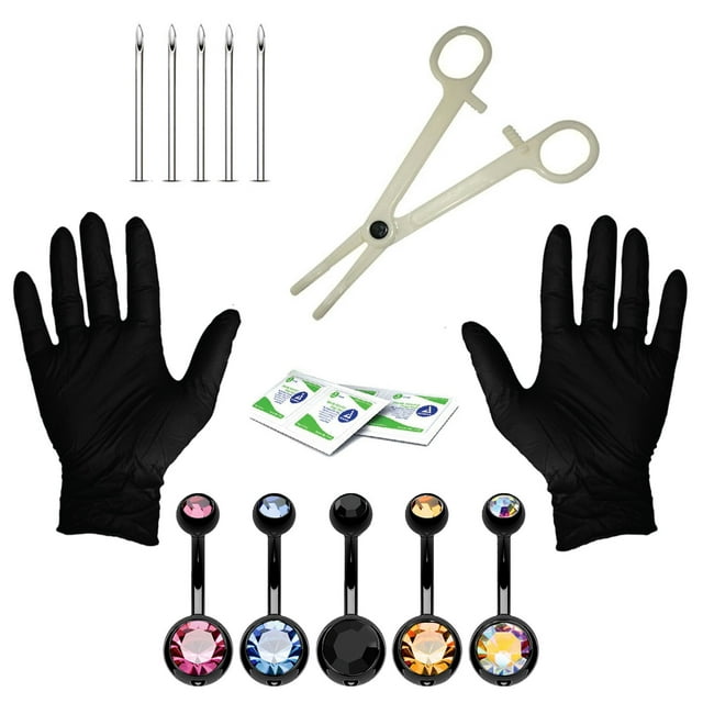 BodyJ4You 15PCS Professional Piercing Kit Black Steel 14G Double CZ Belly Navel Ring Body Piercing Set