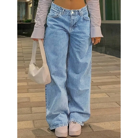 Women's High - Waisted Wide - Leg Jeans Loose Fit Retro Minimalist Trend Casual Everyday Sexy Straight Pants-Diagonal Pocket Jeans Cotton Denim Classic Button Design Multiple Washes (Blue/Gray) Casua