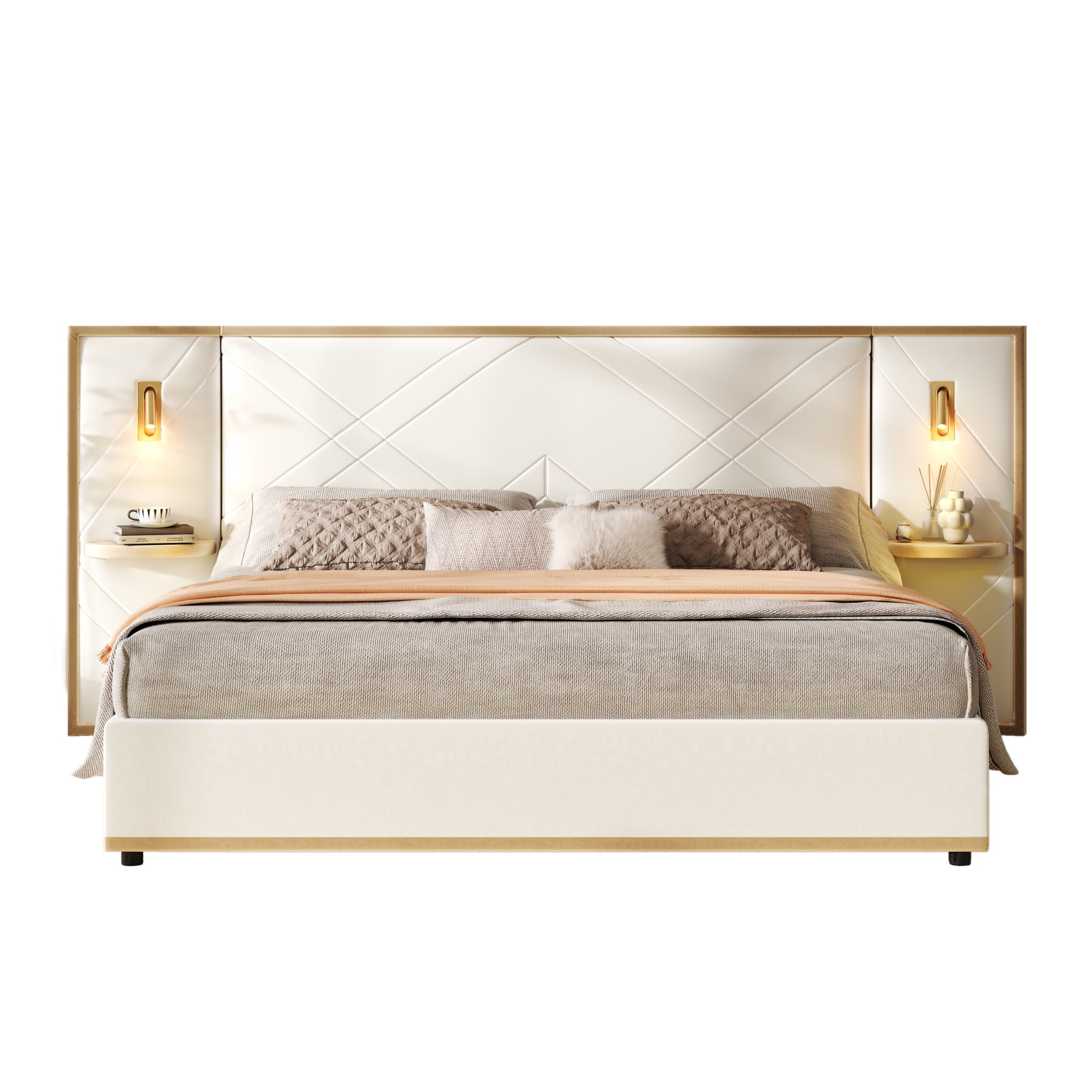 Christopher Knight Home Luxury Velvet Upholstered Queen Bed with Headboard, LED Lights, Storage Side Panels, Beige