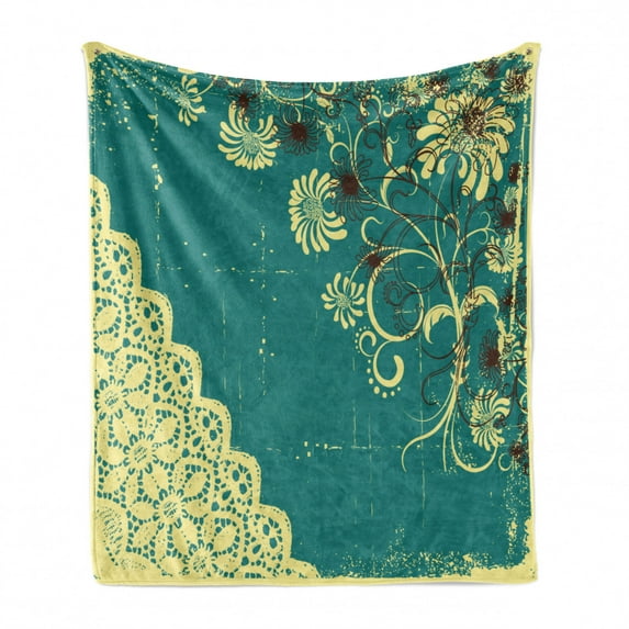 Vintage Soft Flannel Fleece Blanket, Retro Abstract Image with Modern Backdrop and Lace and Floral Frame Print, Cozy Plush for Indoor and Outdoor Use, 50" x 70", White and Jade Green, by Ambesonne