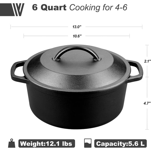 Pre-Seasoned Cast Iron Dutch Oven with Lid, Round and Dual Handles, for Stovetop, Camping, Grill, Induction, Electric, Black, 6qt
