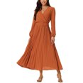 thumbnail image 2 of INSPIRE CHIC Women's Pleated Dress Puff Long Sleeve V Neck Belt Waist Dress M Brick Red, 2 of 6