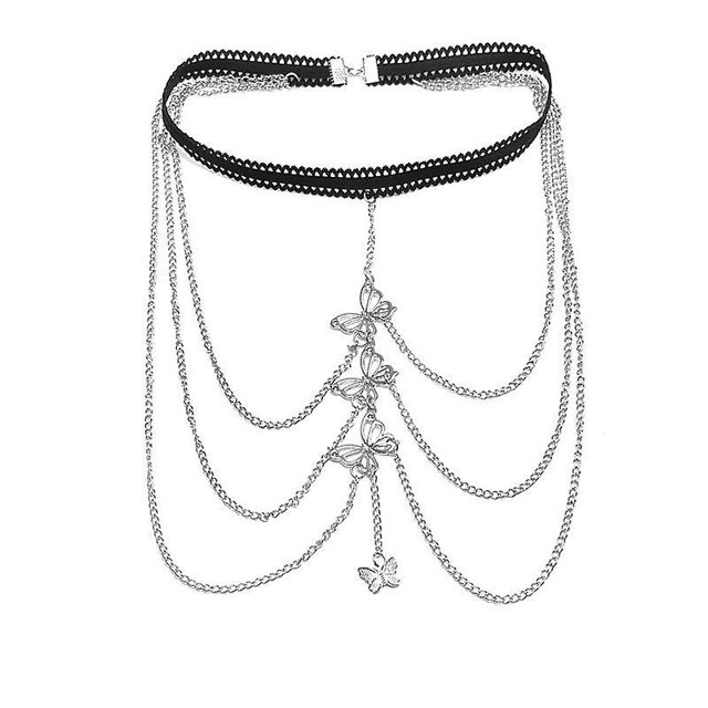 Cadena de pierna de mariposa en capas Colgante de mariposa vintage Cadena de muslo Cadena de cuerpo con borlas de plata Cadena de muslo Joyería de playa de alta elasticidad para mujeres y niñas