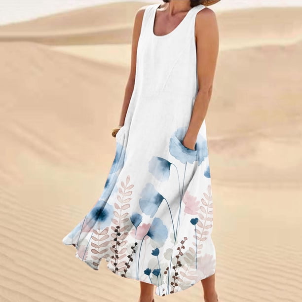 ICHUANYI Clearance Women's Summer Fashion Casual Printing Sleeveless Round Neck Pocket Dress Beach Casual Maxi Sundress(Light Blue, XL) ICHUANYI WER2023080812039