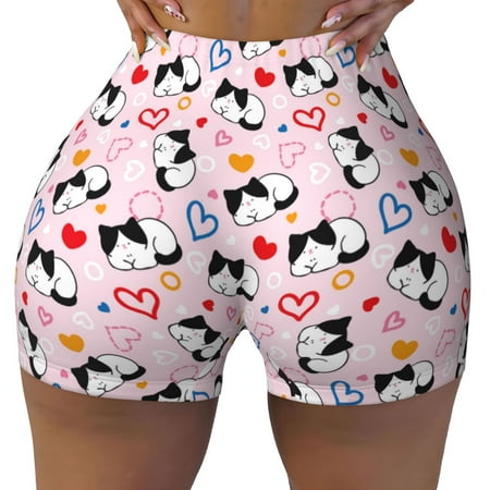 Workout Shorts Women  Cartoon Cat And Heart Biker Shorts for Women Running Gym Spandex Shorts Tummy Control
