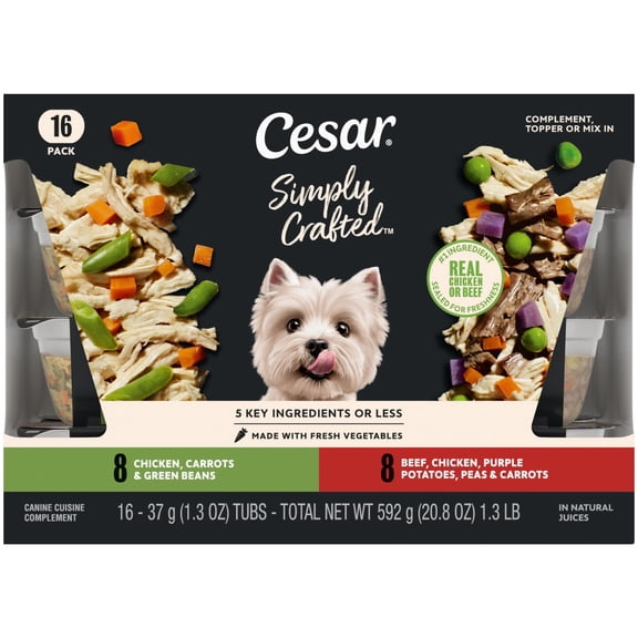 CESAR SIMPLY CRAFTED Adult Dog Food Meal Topper Variety Pack, Chicken, Carrots, & Green Beans and Beef, Chicken, Purple Potatoes, Peas & Carrots