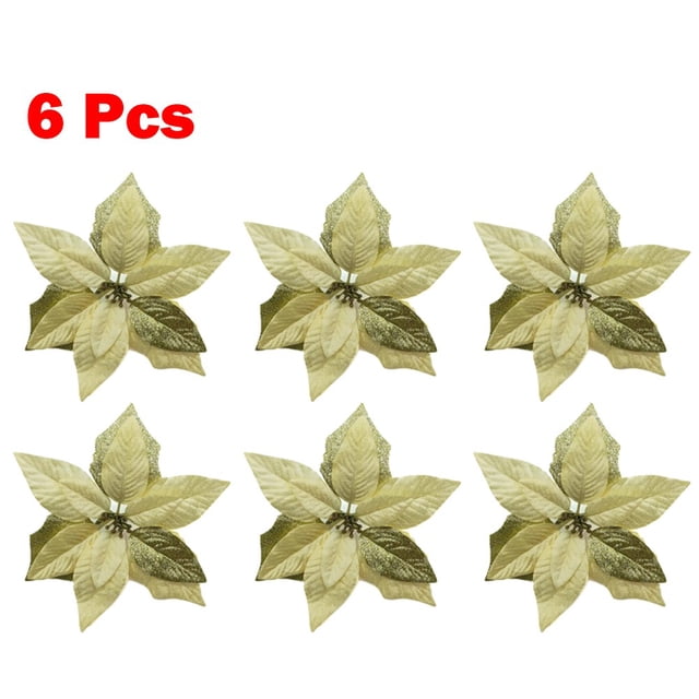 6Pcs Christmas Glitter Artificial Poinsettia Flowers Xmas Poinsettia Artificial Wedding Flowers Decorations Xmas Tree Ornaments for Party Favors, 10inch