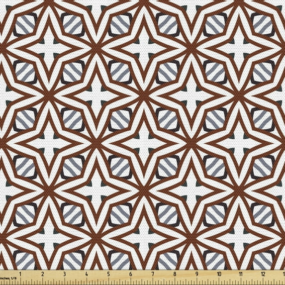 Abstract Upholstery Fabric by the Yard, Continuing Vintage Layout of Connected 4 Sided Shapes on a Plain Background, Decorative Fabric for DIY and Home Accents, Dark Rust White by Ambesonne