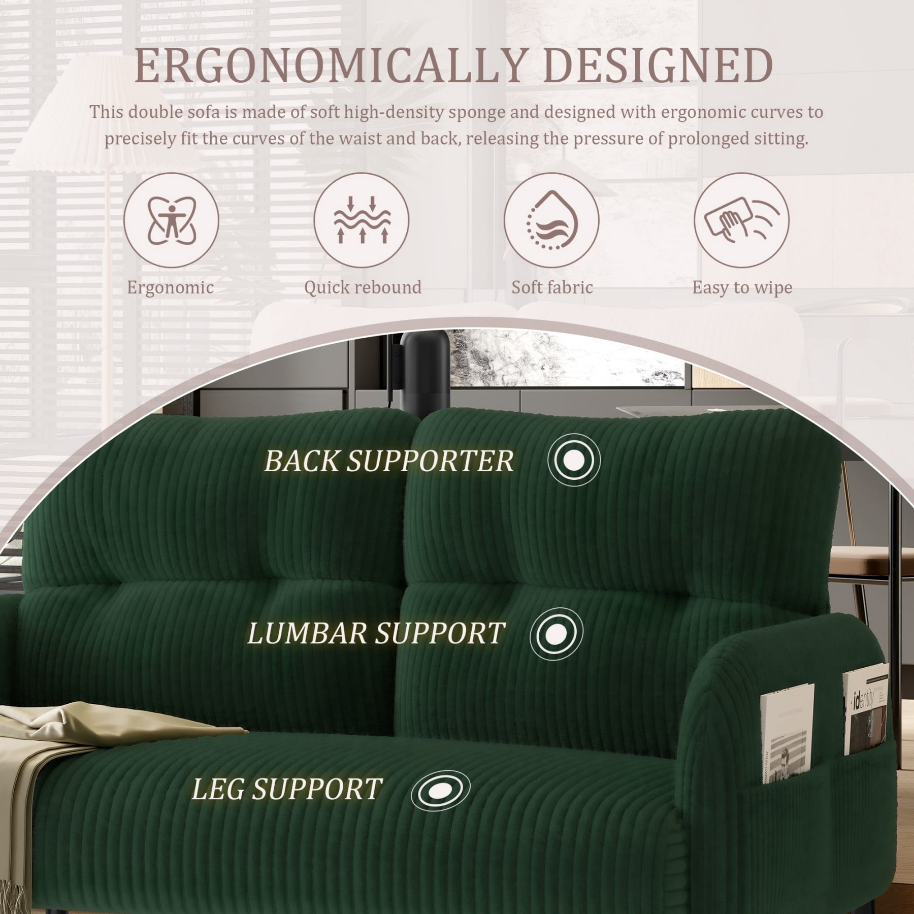 Corduroy Loveseat Sofa, Modern Upholstered Double Sofa Couch with Side Pockets for Living Room Bedroom Apartment, Emerald