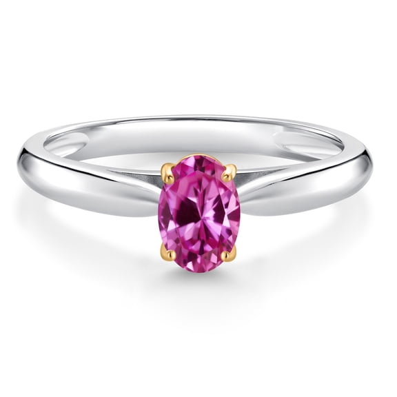 Gem Stone King 0.50 Ct Oval Pink Created Sapphire 10K White and Yellow Gold Solitaire Engagement Ring (Size 8)
