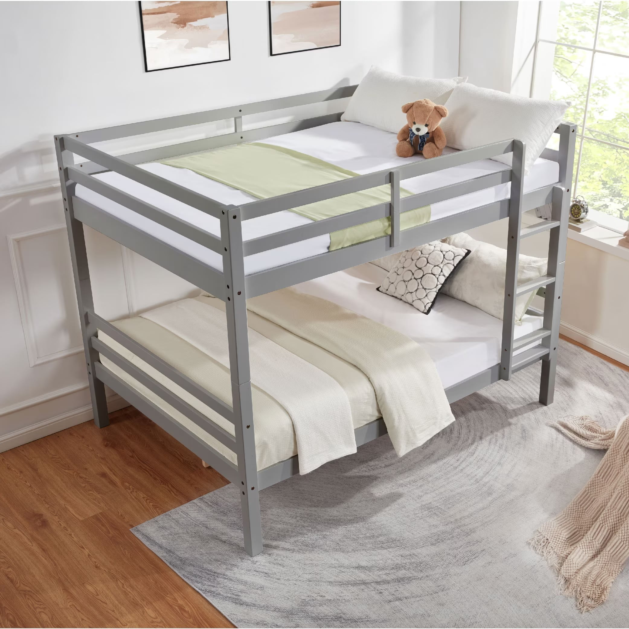 Full Over Full Bunk Bed, Solid Wood Bunk Bed Frame with High Guardrails, Ladder, Heavy Duty Wooden Slats, No Box Spring Needed for Kids, Teens, Guest Room, Grey
