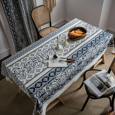 

TemGpair Retro Linen Cotton Tablecloth Washable Coffee Dinner Blue and White Porcelain Table Cloth for Christmas Wedding Banquet-Table cloth