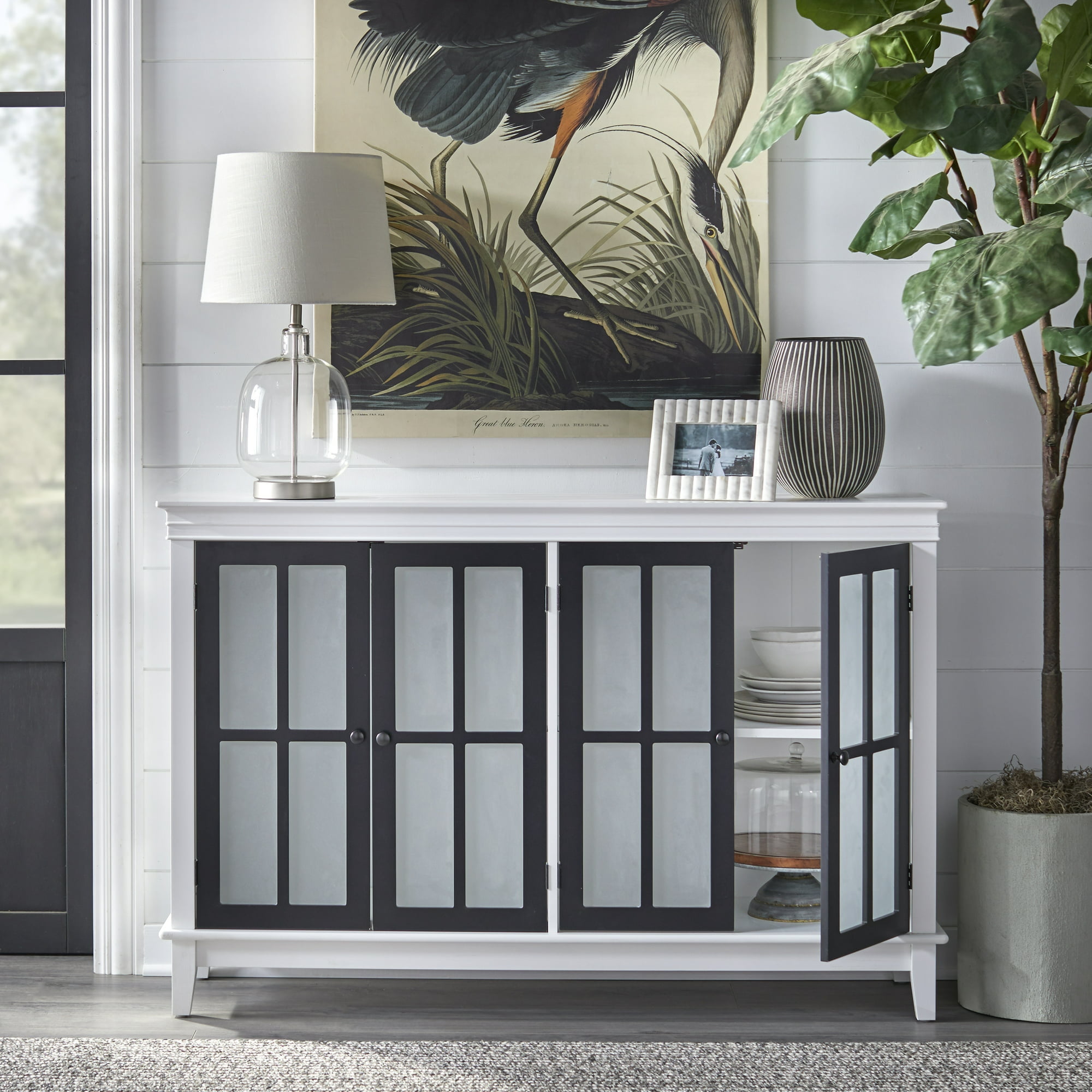 TMS Hampshire 52" Modern Two-Tone Sideboard with Tempered Glass Doors and Two Ajustable Shelves, White/Black