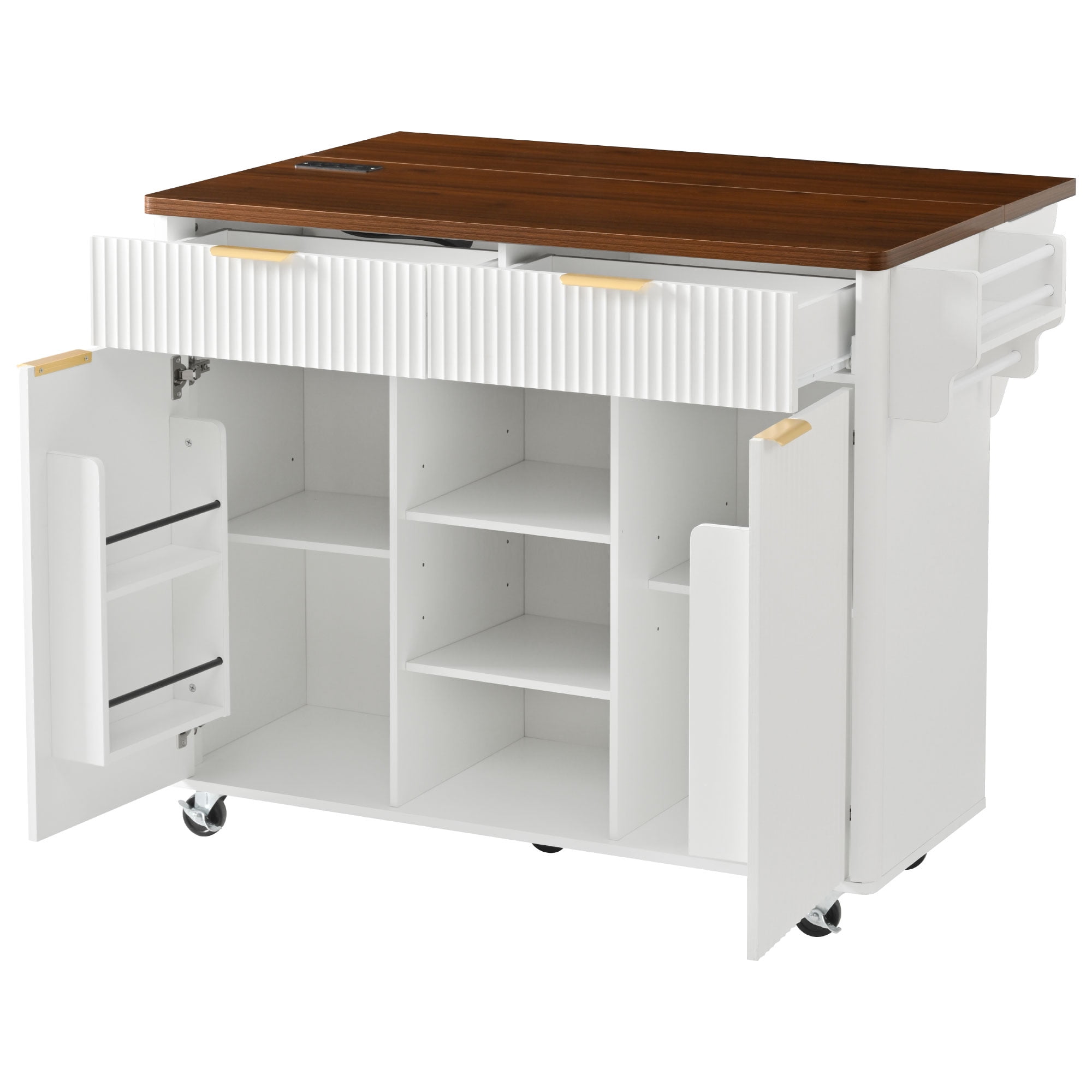 Euroco 52" Fluted Kitchen Island with Drop Leaf, Power Outlet, Kitchen Storage Cart with Adjustable Shelves, 2 Doors and 2 Drawers, Rolling Island Table with Walnut Color Top