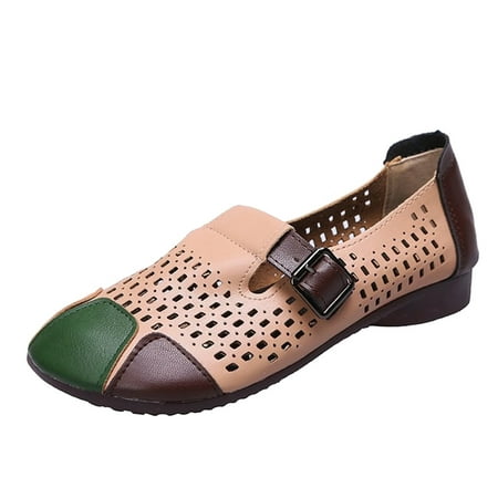

Mortilo Fashionable Summer Women Pumps Hollow Breathable Buckle Flat Bottom Color Block Casual And Comfortable PU Pumps for Women Khaki