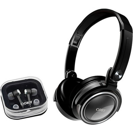 Coby Electronics CV215BLK Black 2-In-1 Combo Deep Bass Stereo Headphones & Earphones CV2