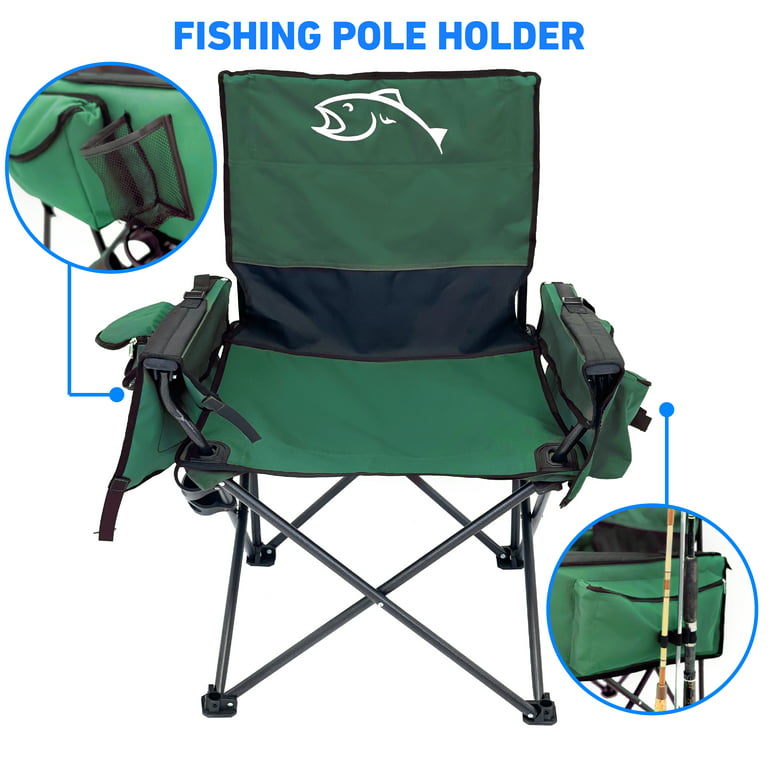 Fishing Chair with Rod Holder Built in Cooler Hands Free Fishing Pole Holder-Storage Pouch Storage Bag for Accessories Full Size Portable & Folding