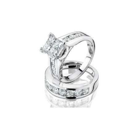 1.50 Carat (ctw H-I, I2-I3) Princess Cut Diamond Engagement Ring and Wedding Band Set in 14K White Gold