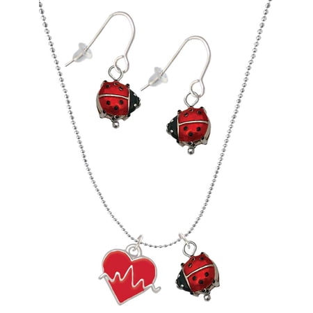 Delight Jewelry Silvertone Heartbeat on Red Heart Red Lucky Ladybug Necklace and Dangle Earrings Set