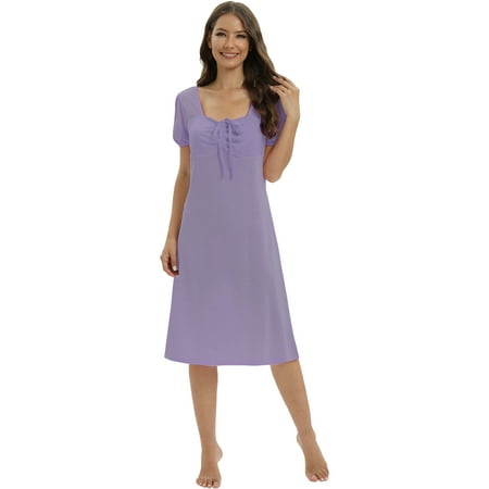 

Elegant Nightgowns for Women Short Sleeve Square Neck Front Splicing Drawstring Nightshirt Ladies Soft Sweet Sleepwear Pajamas Dress S-2XL