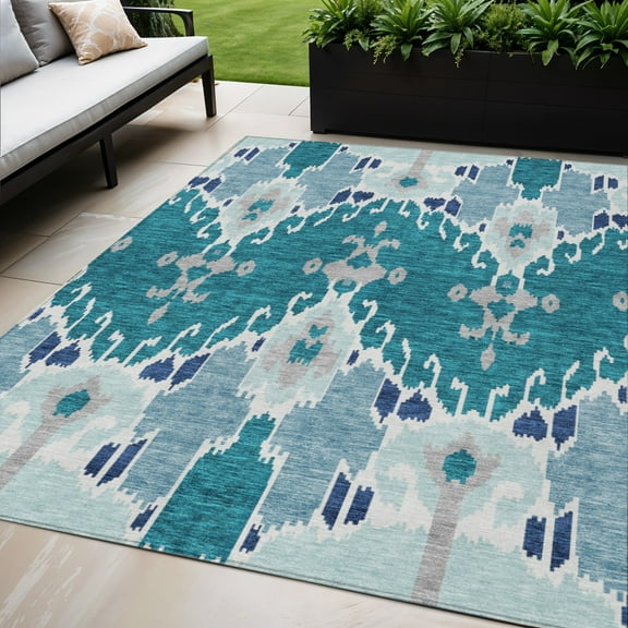 5' X 8' Teal Blue Navy Blue And Gray Ikat Washable Indoor Outdoor Area Rug