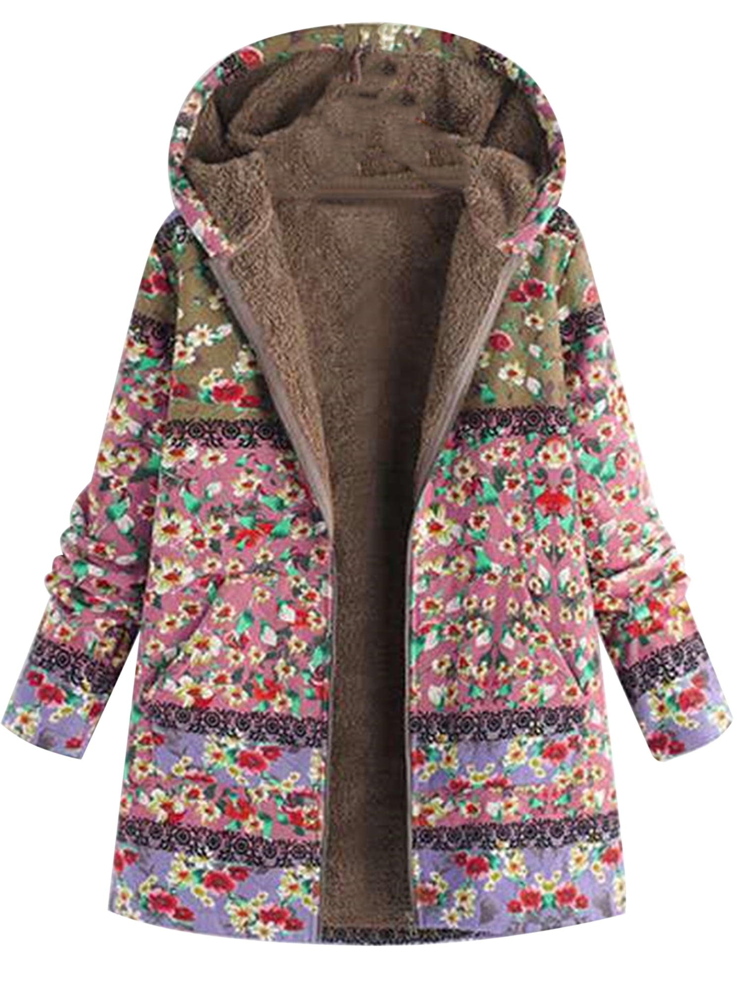 Women Winter Warm Fleece Lined Hooded Jacket Parka Floral Coat Jacket Outwear