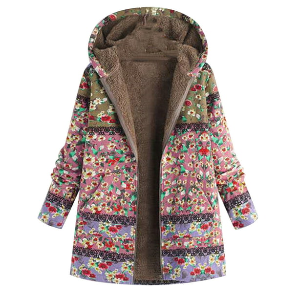 Frontwalk Women Vintage Loose Hooded Coat Floral Printed Fleeces Lining ...