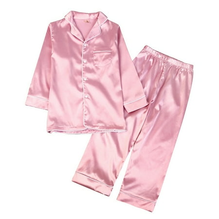 

FYCONE 2 Pcs Kids Girls Boys Pajamas Child Unisex Silk Nightwear Atin Long Sleeve Clasic Sleepwear Set for 1-7 Years Toddler
