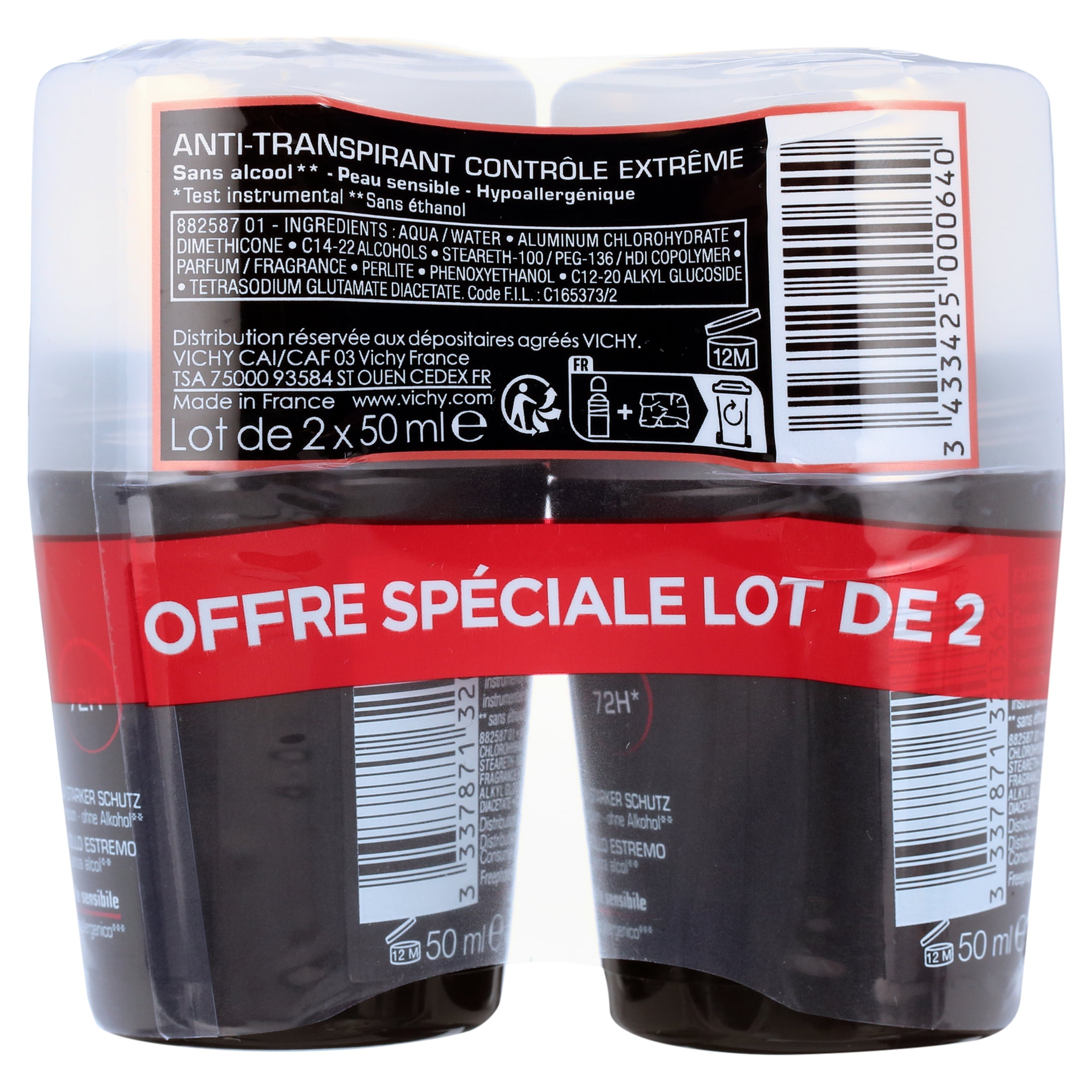 VICHY Extreme Control 72h Men Roll On Deodorant Anti-Perspirant 50ml - PACK OF 2
