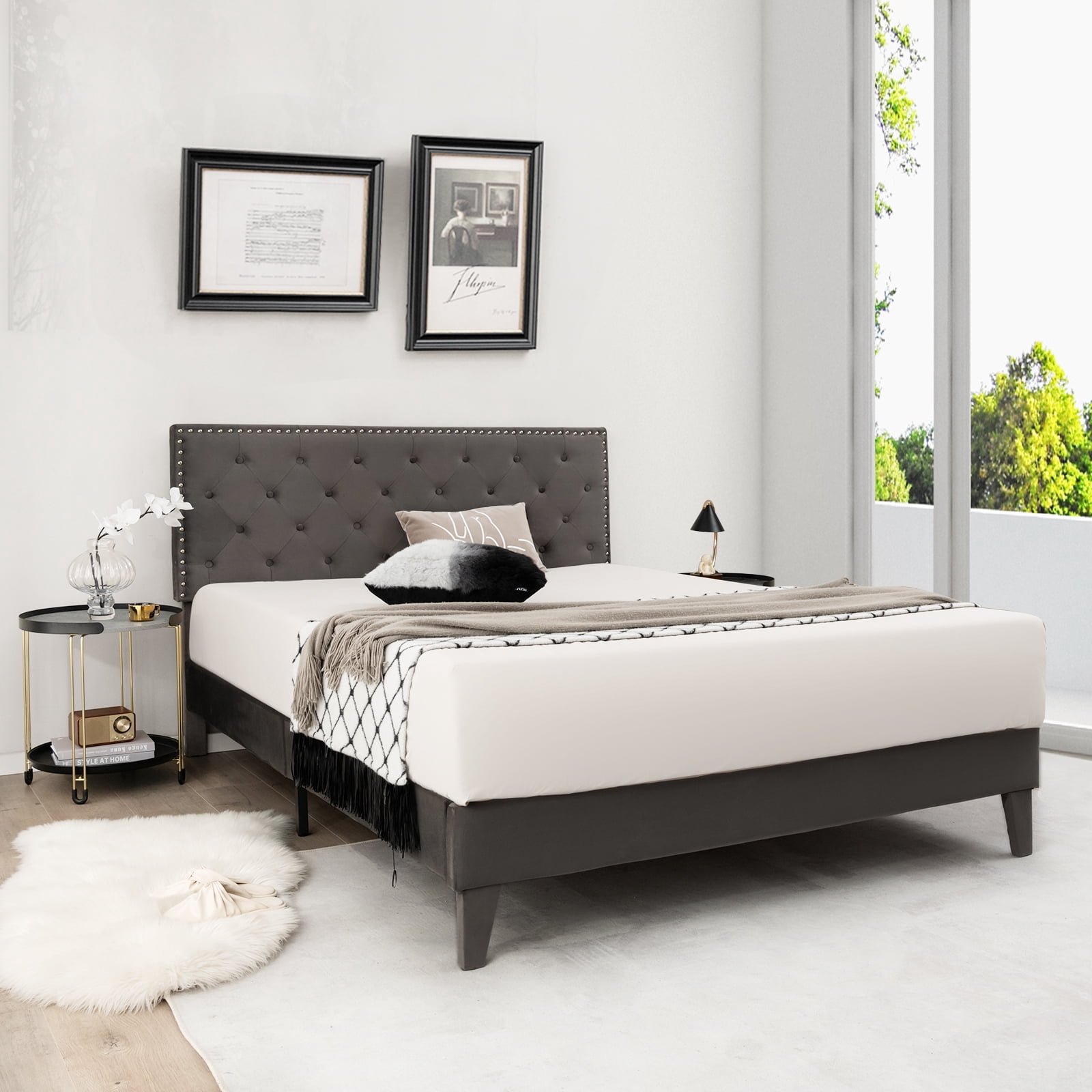 Infans Queen Bed Frame Upholstered Platform Bed w/ Tufted Headboard Mattress Foundation