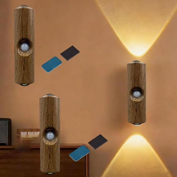 Rechargeable Smart Led Motion Sensor Ambient Light, Dynamic RGB Punch Free Smart Sensor Magnetic Rechargeable Led Lights for Staircase, Hallway, Bedroom, Kitchen, Bar (3-Colors,2PCS-Wood)