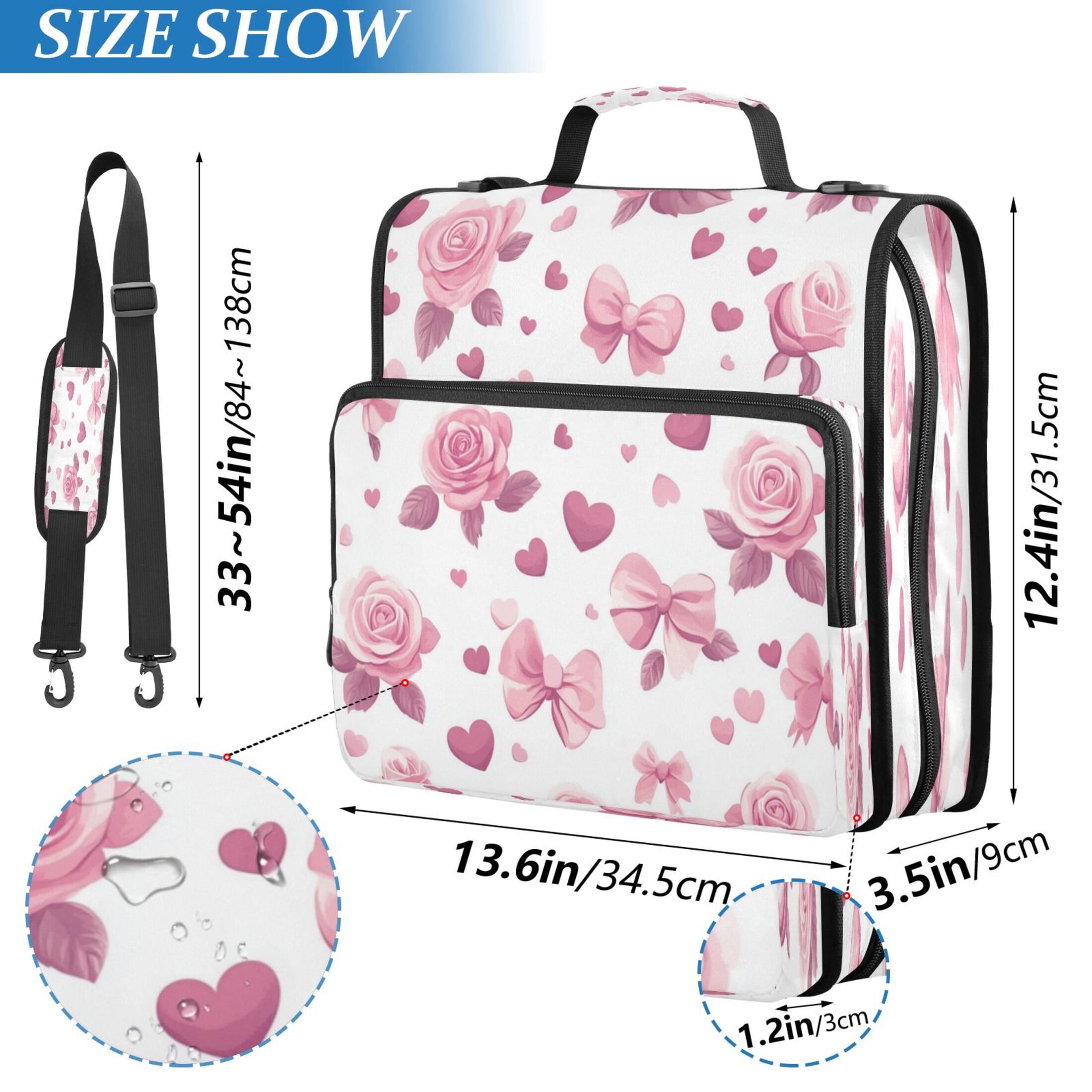 Water-Resistant 3-Ring Binder Organizer with Multiple Pockets Zipper Binder Bag for Office Pink Roses and Bows