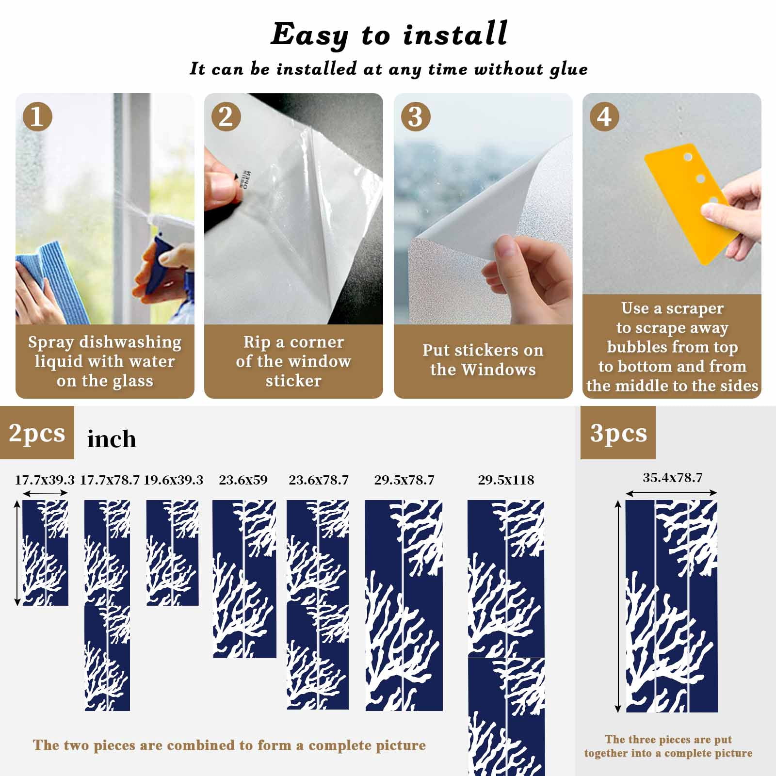 Coral Navy Blue Window Privacy Film, Coastal Ocean Marine Nautical Beach Static Cling UV Sun Blocking Heat Control Window Tint Day and Night, Non-Adhesive One Way Windows Privacy Cover 17.7''x39.3''