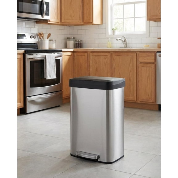 TEQIN Step-On Trash Can, Kitchen Garbage Bin With Soft Close Lid,Rustproof Stainless Steel Kitchen Trash Bin, Inner Bucket Rim & Rear Handle, 13 Gallon / 50 Liter