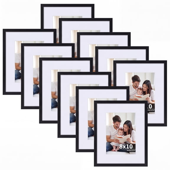 8x10 Picture Frames Set of 11, Display Pictures 8x10 with Mat or 5 by 7 without Mat, Wall or Tabletop Display, Black