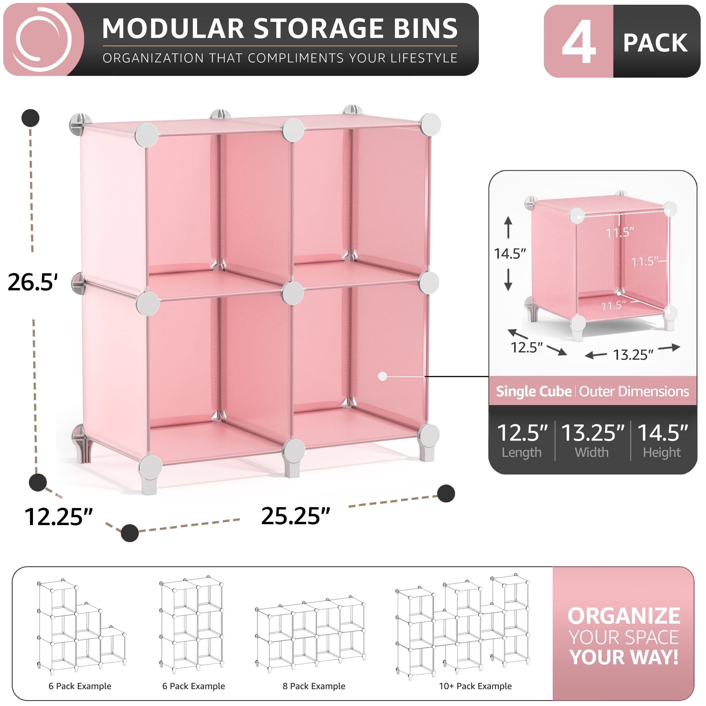Sorbus 4-Cube Storage Organizer, Waterproof Cubby Shelf for Closet & Bedroom, Pink