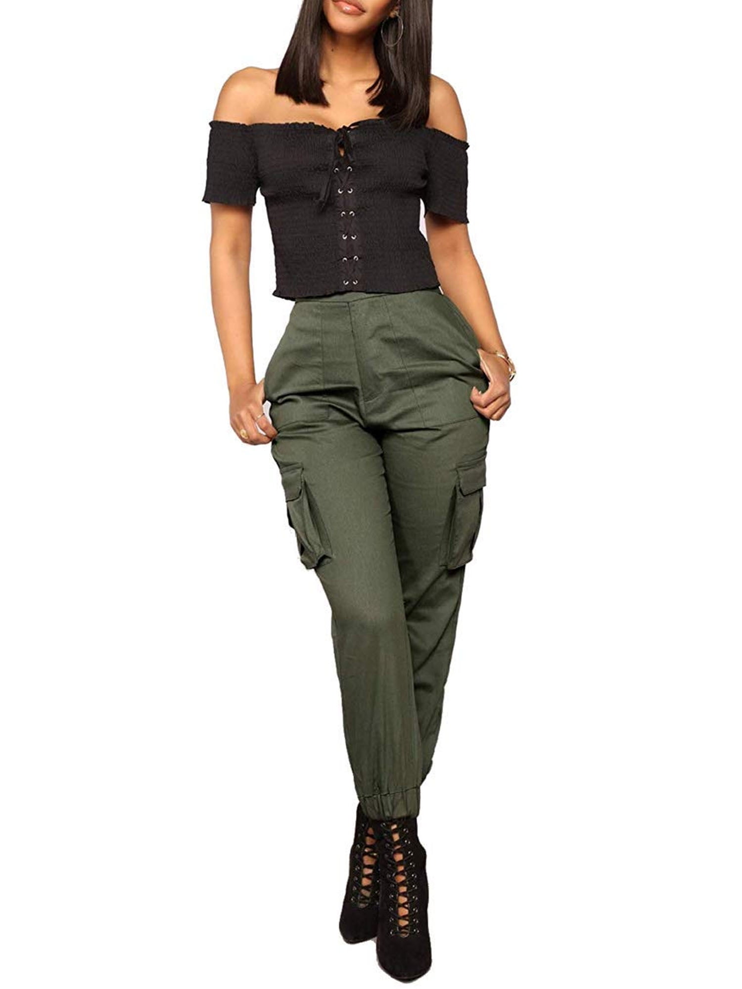 Awoscut Women's Causal Cargo Pants High Waist Solid Color Loose Trousers  Slim Fit Jogger Pants