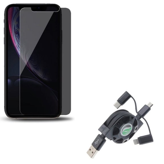 iPhone XS/X - Retractable USB Cable w Tempered Glass Privacy Screen Protector - Charger Power Cord 3-in-1 Wire Sync, Curved Anti-Spy Anti-Peep 3D Edge Case Friendly