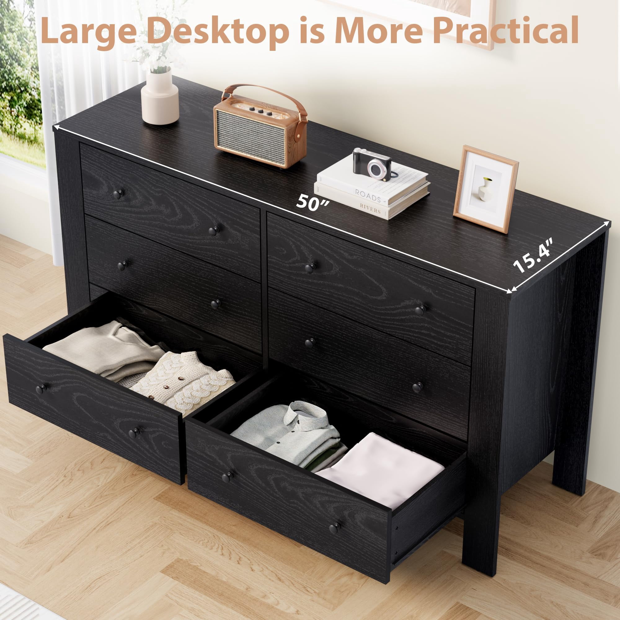6 Drawer Dresser, Modern Wood Dresser for Bedroom, with Deep Drawers & Metal Knobs, for Hallway, Entryway, Living Room