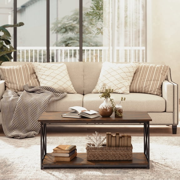 Manora Farmhouse Rectangle Coffee Table, X-Shaped Wood Center Table with Storage for Living Room, Rustic Brown
