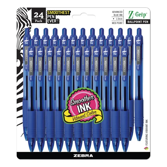 Zebra Z-Grip Retractable Ballpoint Pen Blue Ink Medium 24/Pack 12225
