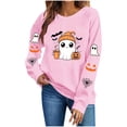 thumbnail image 4 of Xinoom Women Halloween Crewneck Pullover Sweatshirt, Cute Ghost Pumpkin Bat Pattern Long Sleeve Tops, Loose Fit Casual Shirts for Holiday Daily Wear Pink,L, 4 of 8