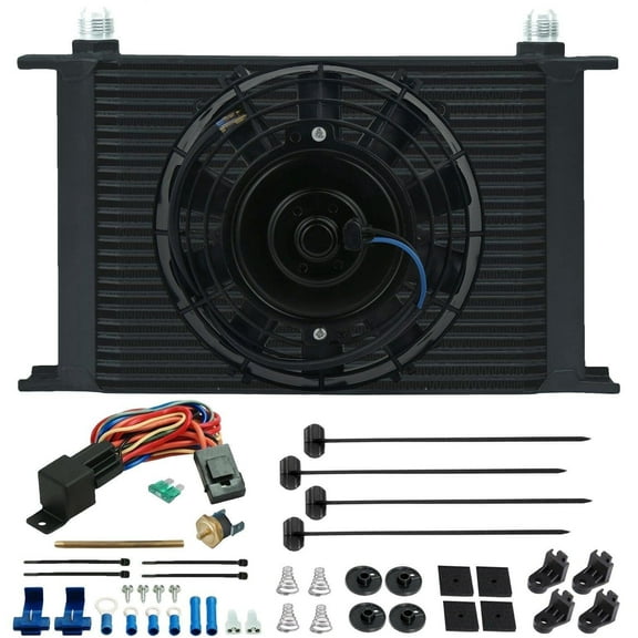 25 Row Transmission Oil Cooler Electric Cooling Fan Fin Probe Thermostat Kit