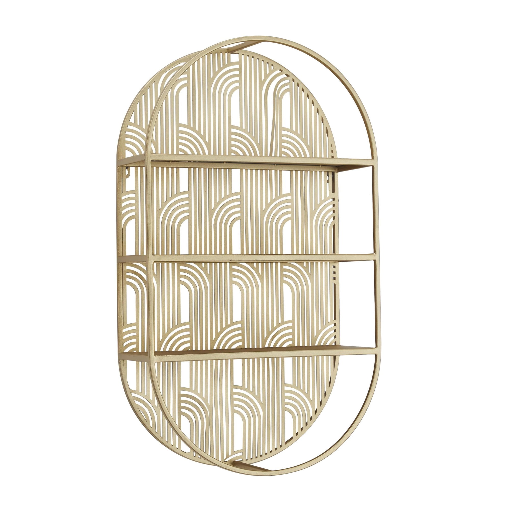 CosmoLiving by Cosmopolitan Glam Metal 3 Tier Oval Wall Shelf with Curved Line Pattern and Gold Polished Finish, 16"W x 28"H